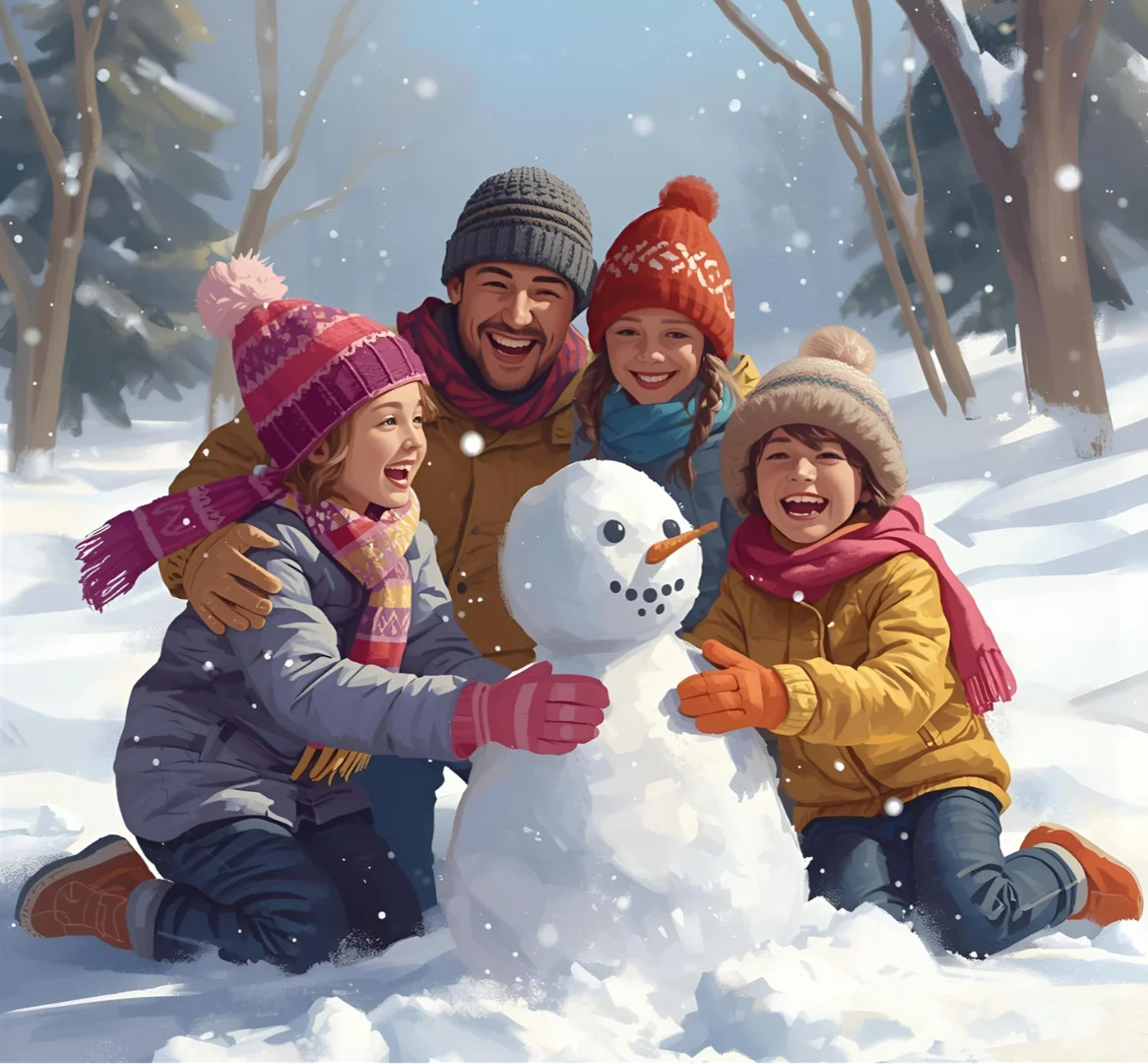 Happy family laughing together in winter snow, building snowman with colorful scarves and mittens.