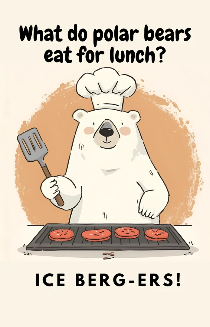 Whimsical illustration of a polar bear wearing a chef's hat, grilling burgers made of ice, with text overlay 'What do polar bears eat for lunch? Ice berg-ers!'